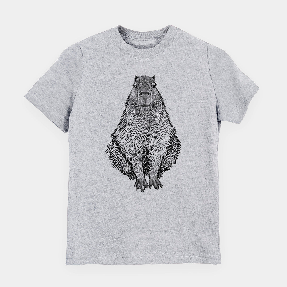 Heather grey youth t-shirt laid flat, printed with a detailed black ink illustration of a capybara sitting and facing forward.