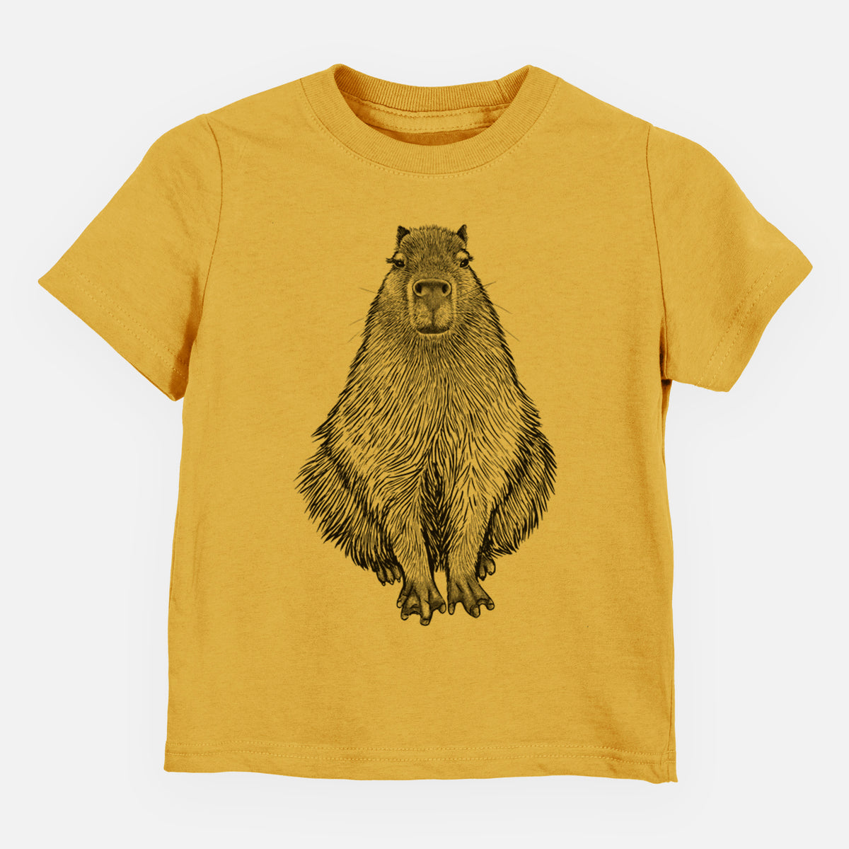 Honeycomb yellow toddler t-shirt laid flat, printed with a detailed black ink illustration of a capybara sitting and facing forward.