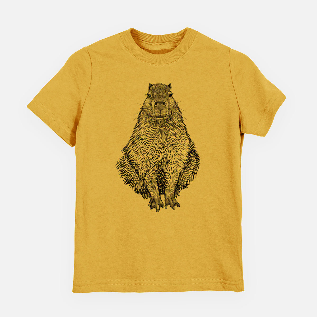 Honeycomb yellow youth t-shirt laid flat, printed with a detailed black ink illustration of a capybara sitting and facing forward.