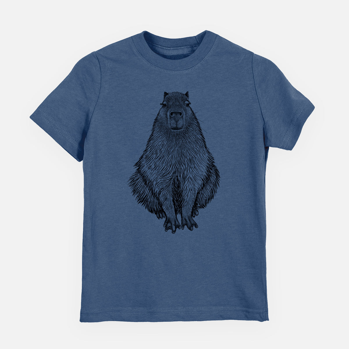 Indigo blue youth t-shirt laid flat, printed with a detailed black ink illustration of a capybara sitting and facing forward.