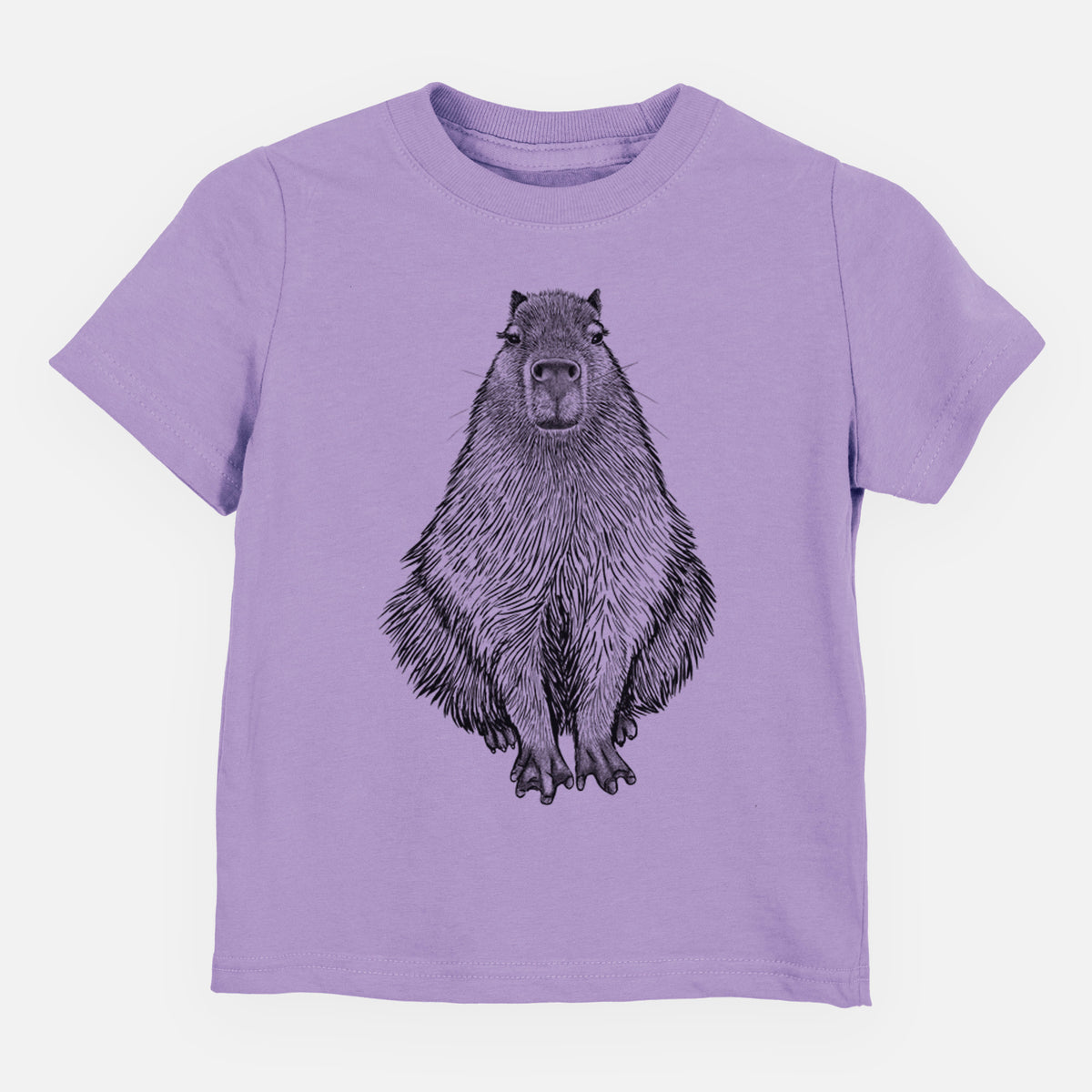Lavender toddler t-shirt laid flat, printed with a detailed black ink illustration of a capybara sitting and facing forward.