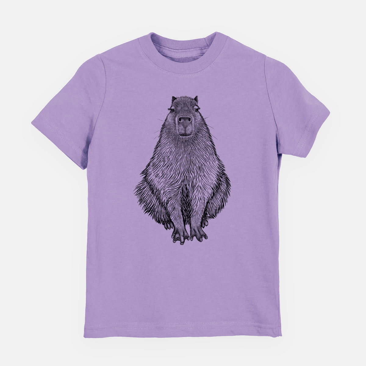 Lavender youth t-shirt laid flat, printed with a detailed black ink illustration of a capybara sitting and facing forward.