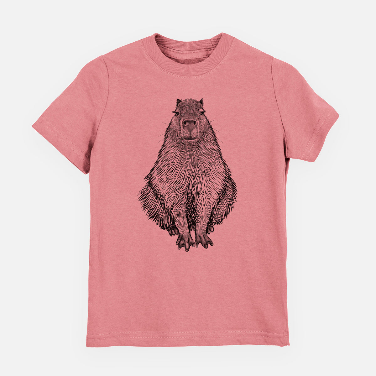 Mauve pink youth t-shirt laid flat, printed with a detailed black ink illustration of a capybara sitting and facing forward.