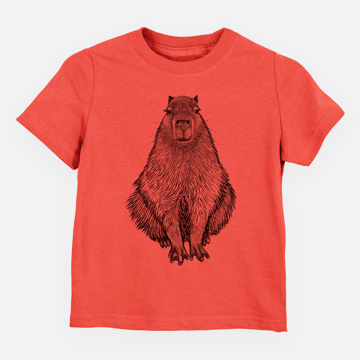 Passionfruit pink toddler t-shirt laid flat, printed with a detailed black ink illustration of a capybara sitting and facing forward.