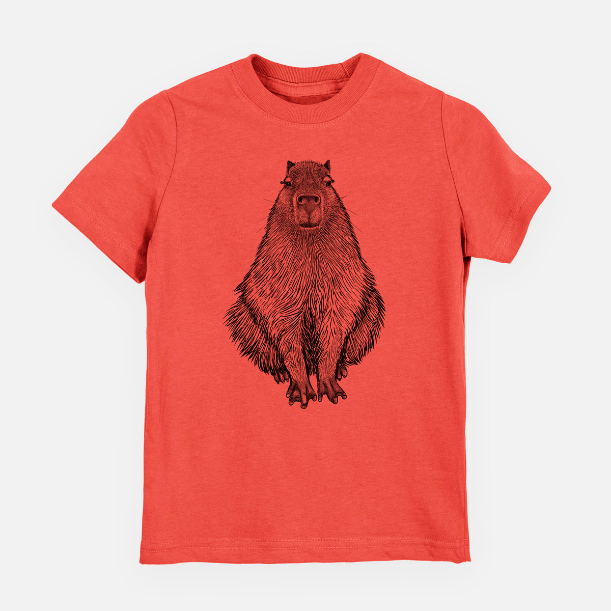 Passionfruit pink youth t-shirt laid flat, printed with a detailed black ink illustration of a capybara sitting and facing forward.
