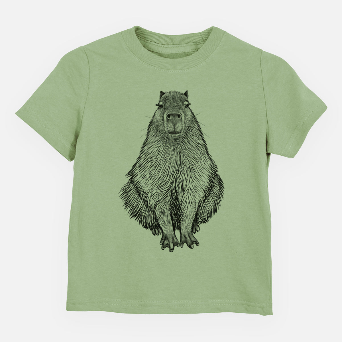Sage green toddler t-shirt laid flat, printed with a detailed black ink illustration of a capybara sitting and facing forward.