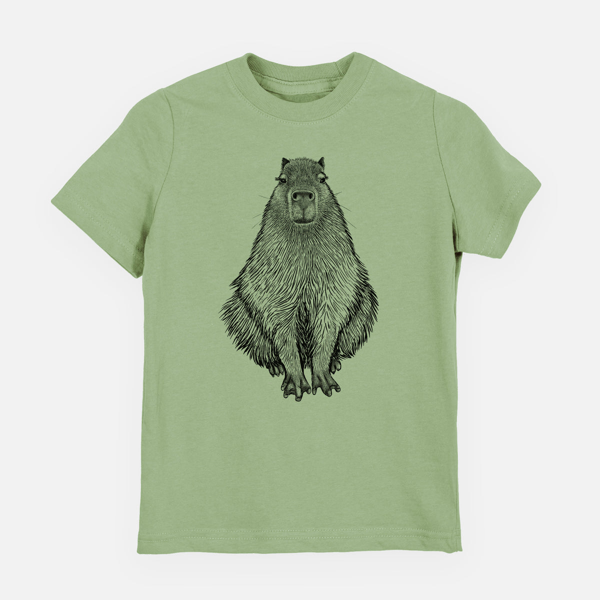 Sage green youth t-shirt laid flat, printed with a detailed black ink illustration of a capybara sitting and facing forward.