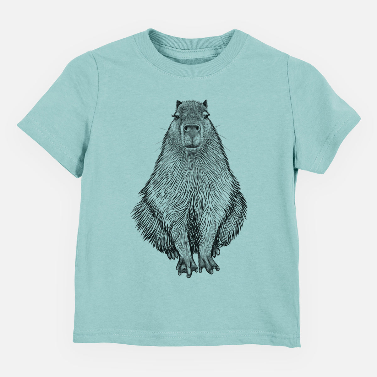 Saltwater toddler t-shirt laid flat, printed with a detailed black ink illustration of a capybara sitting and facing forward.