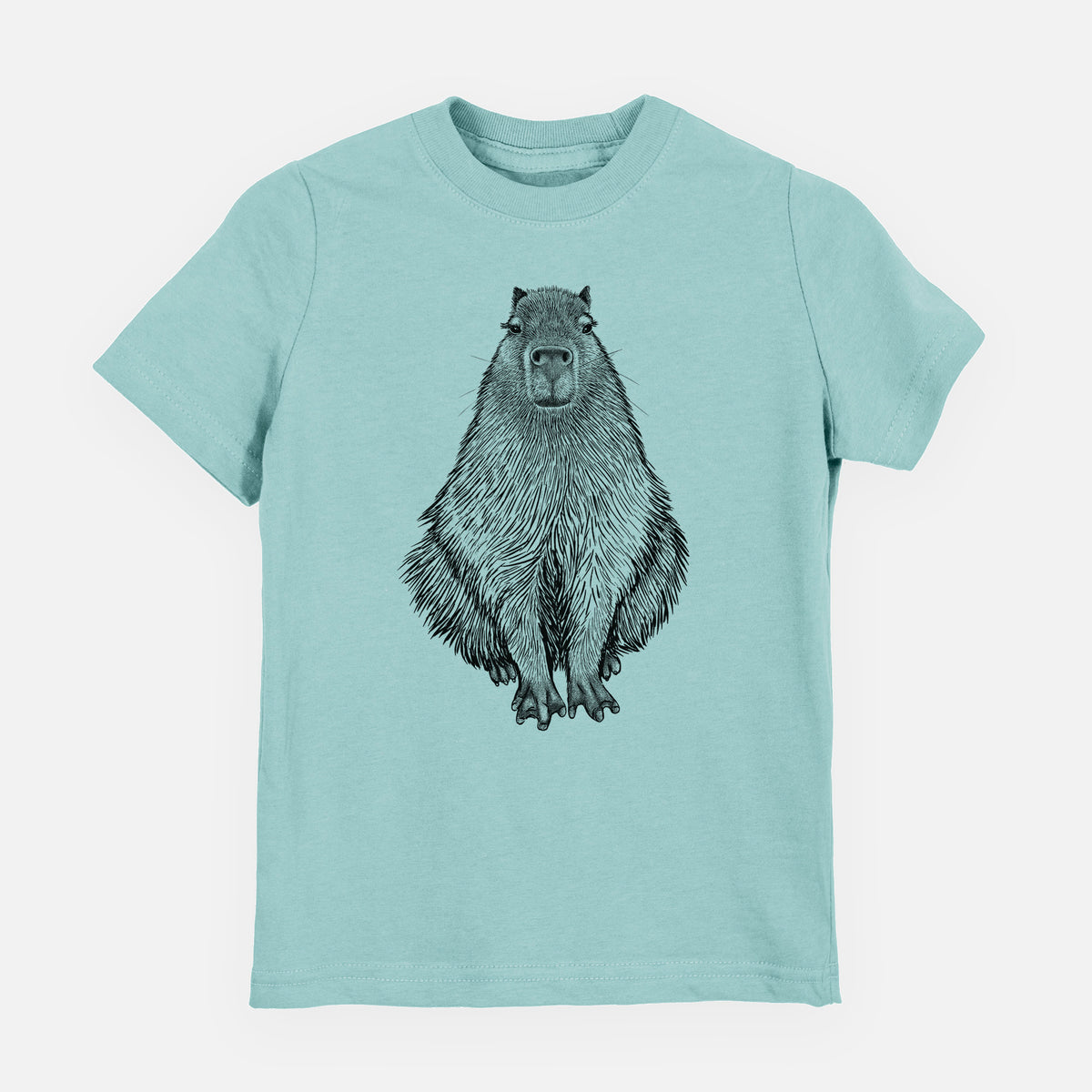 Saltwater youth t-shirt laid flat, printed with a detailed black ink illustration of a capybara sitting and facing forward.