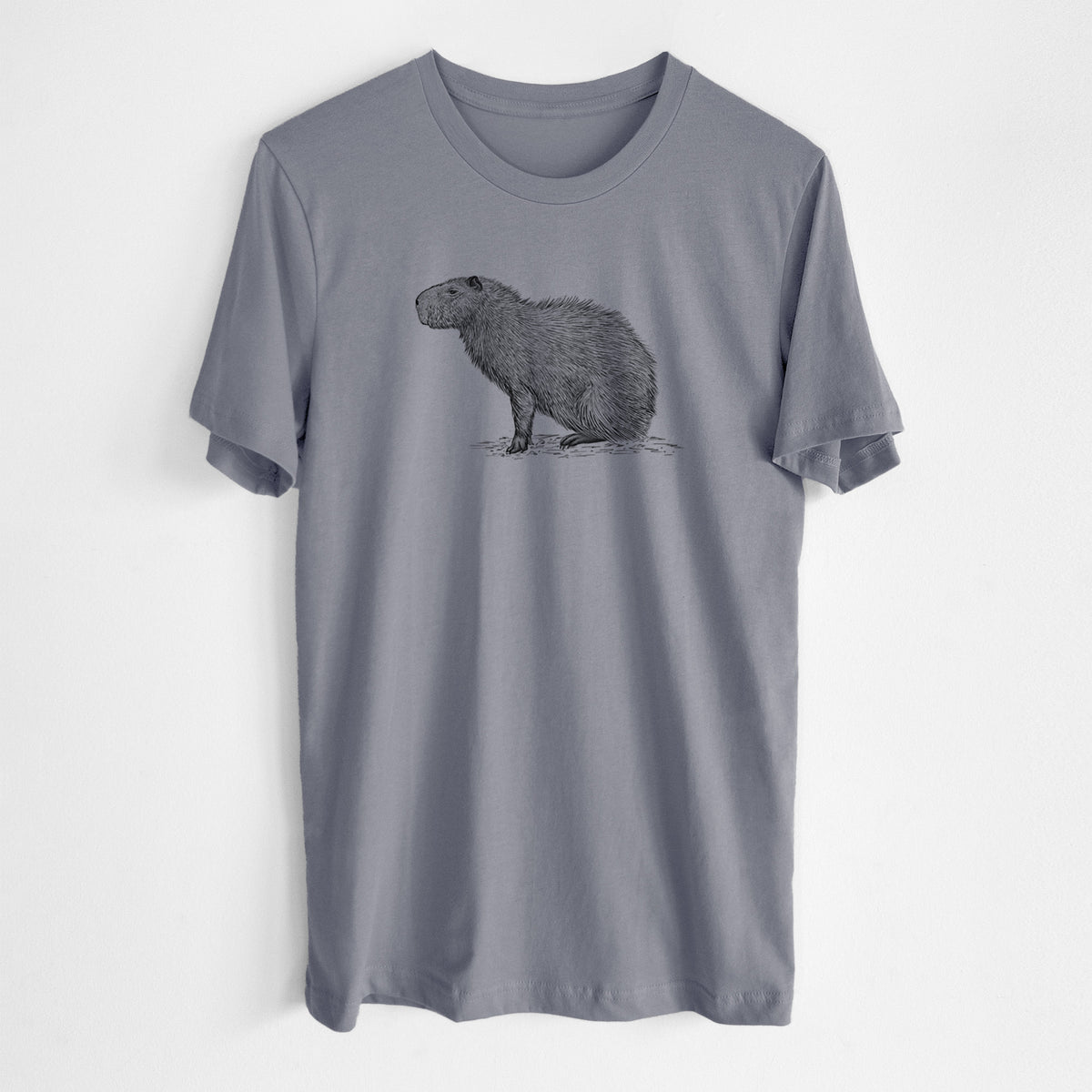 Storm grey lightweight cotton t-shirt laid flat, printed with a detailed black ink illustration of a capybara standing in profile.