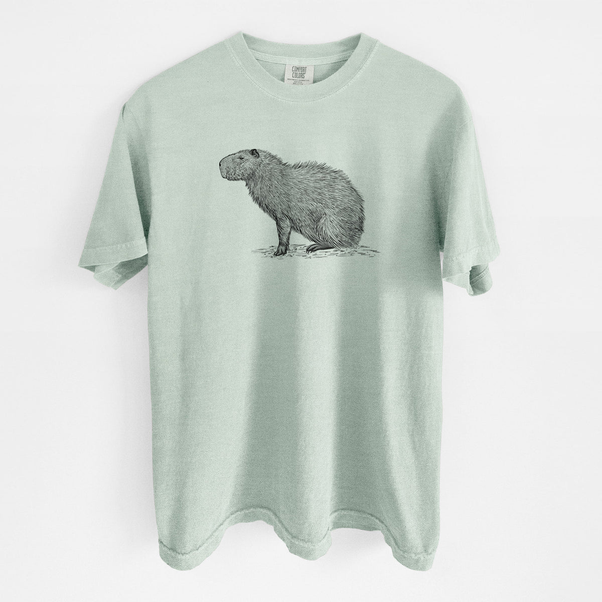 Bay green Comfort Colors t-shirt laid flat, printed with a detailed black ink illustration of a capybara standing in profile.