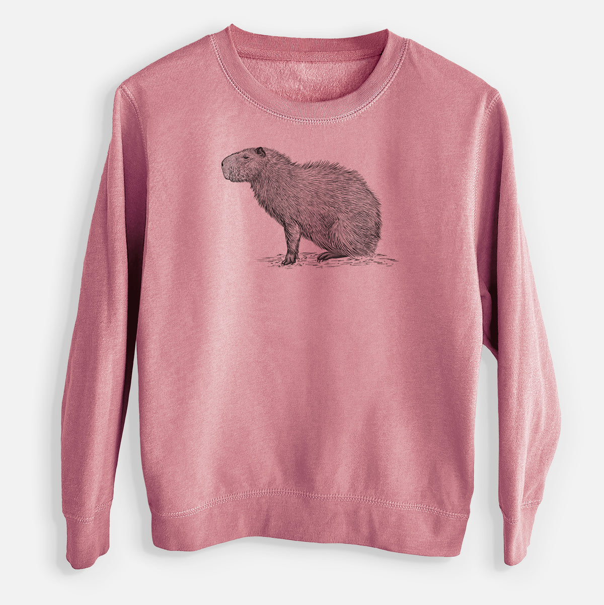 Mauve pink youth crewneck sweatshirt laid flat, printed with a detailed black ink illustration of a capybara standing in profile.