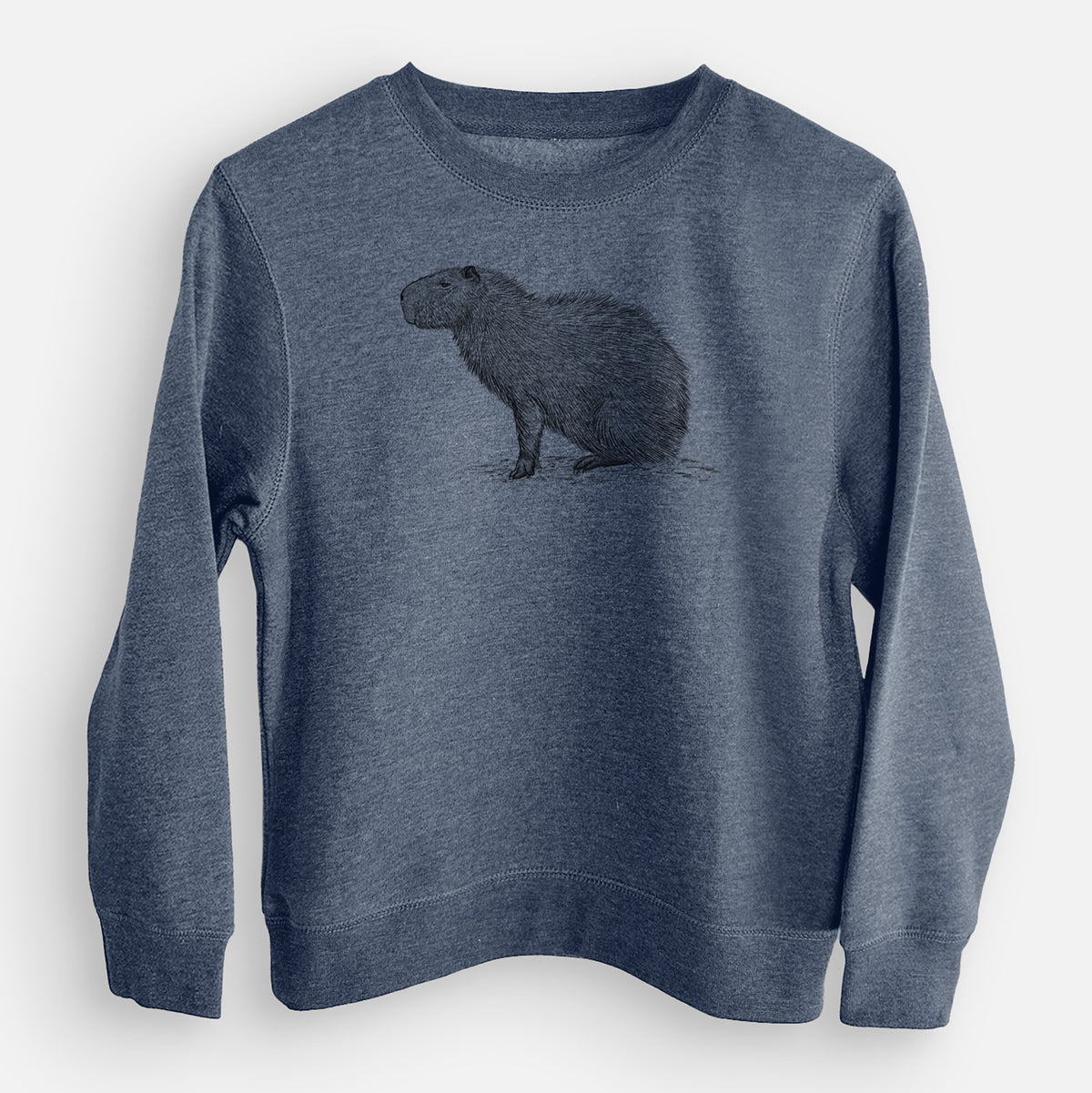 Storm blue youth crewneck sweatshirt laid flat, printed with a detailed black ink illustration of a capybara standing in profile.