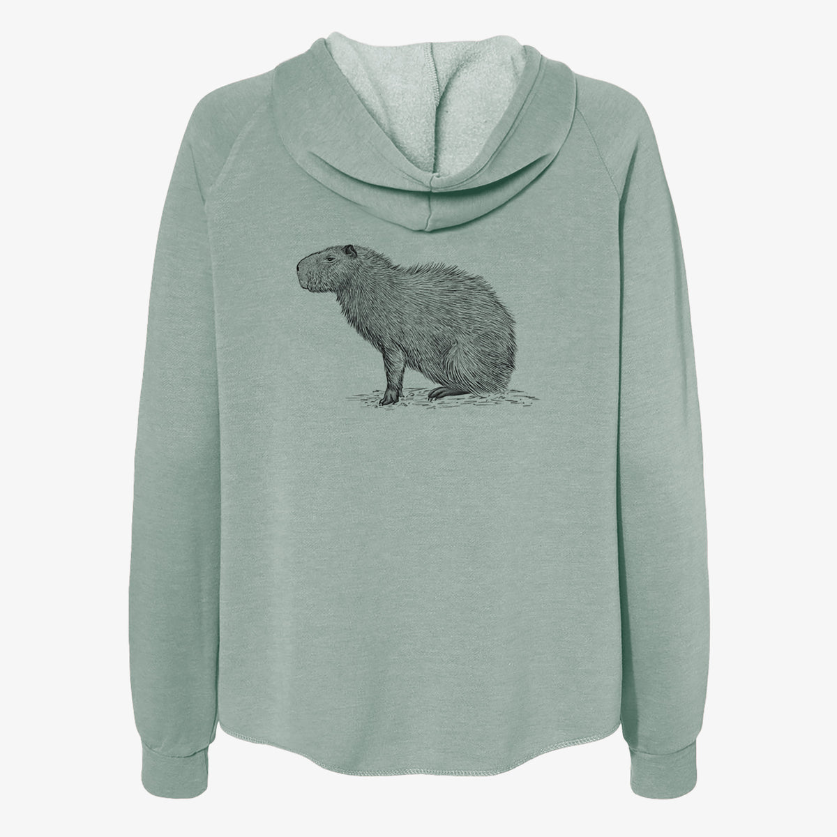 Sage green women's Cali Wave zip-up sweatshirt laid flat, printed with a detailed black ink illustration of a capybara standing in profile.