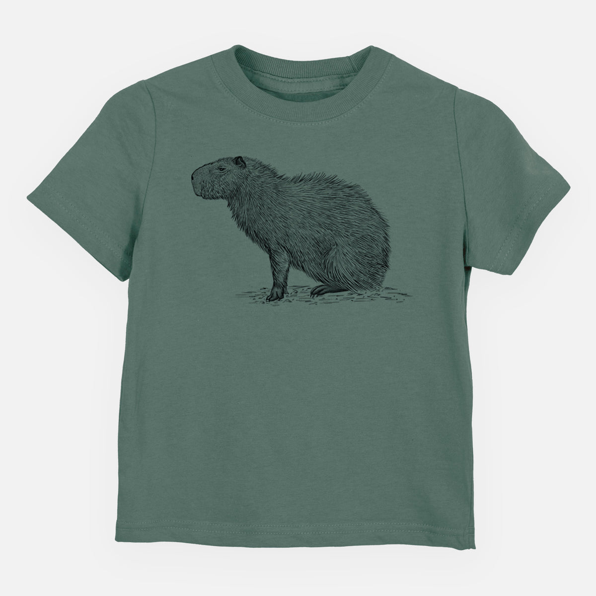 Basil green toddler t-shirt laid flat, printed with a detailed black ink illustration of a capybara standing in profile.