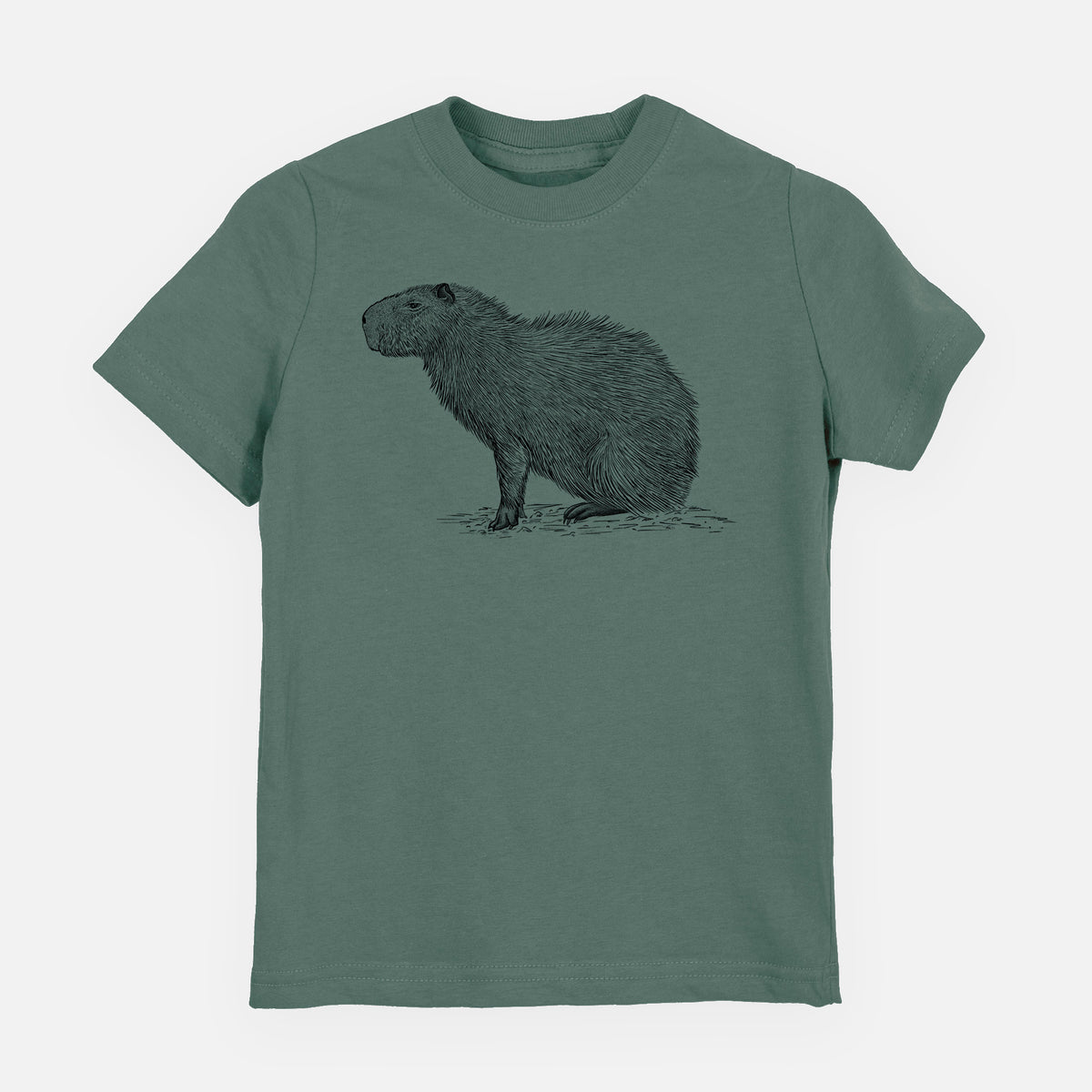 Basil green youth t-shirt laid flat, printed with a detailed black ink illustration of a capybara standing in profile.