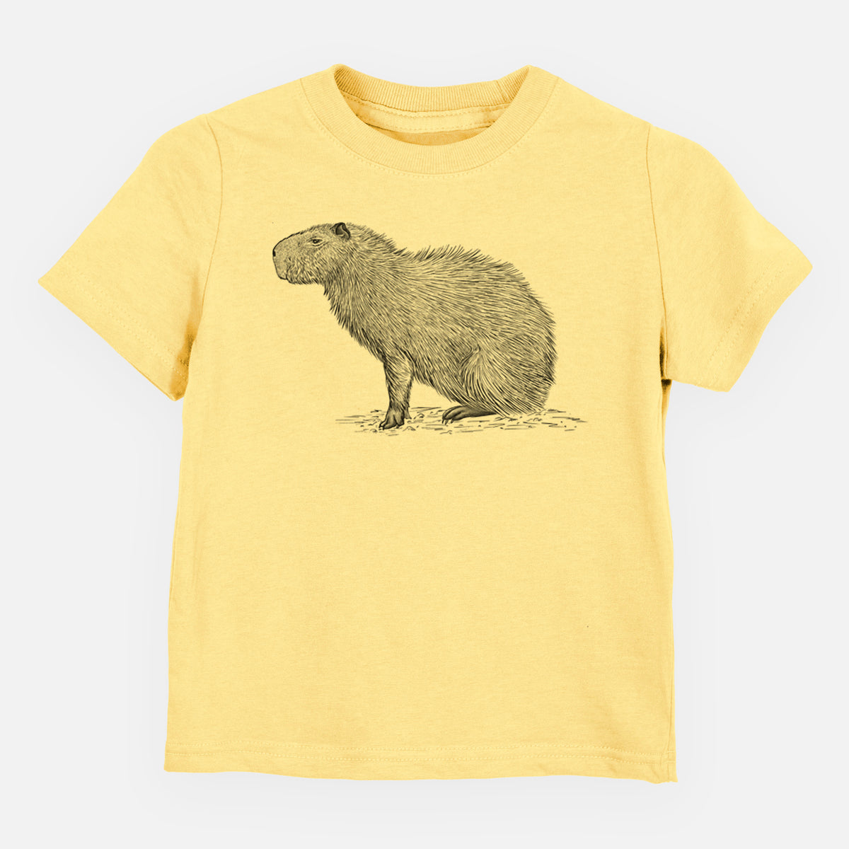 Butter yellow toddler t-shirt laid flat, printed with a detailed black ink illustration of a capybara standing in profile.