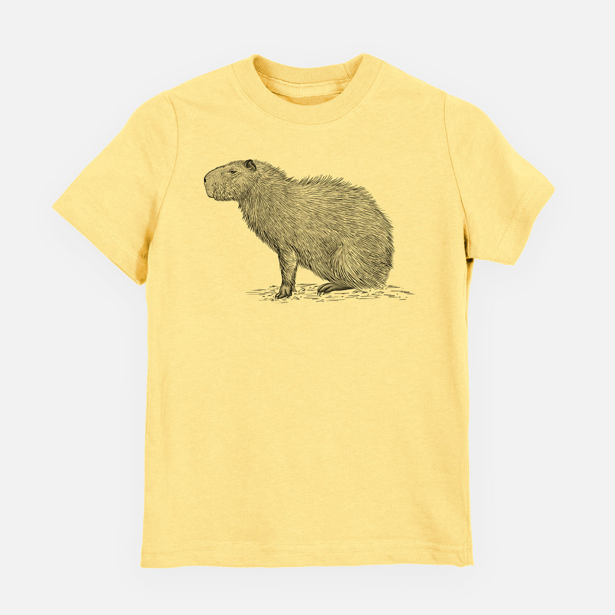 Butter yellow youth t-shirt laid flat, printed with a detailed black ink illustration of a capybara standing in profile.