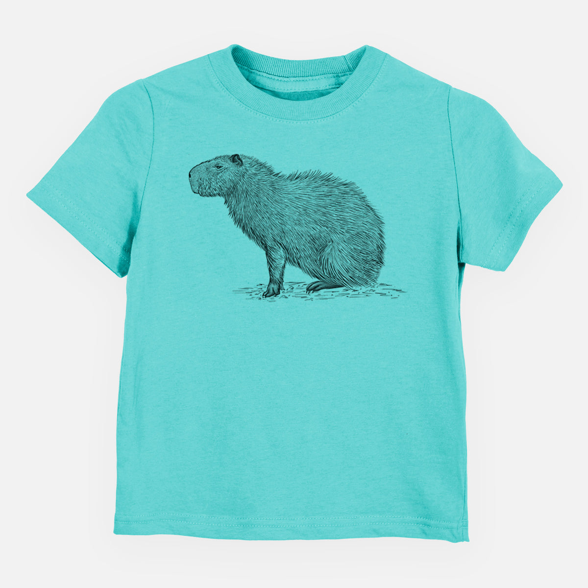 Caribbean blue toddler t-shirt laid flat, printed with a detailed black ink illustration of a capybara standing in profile.