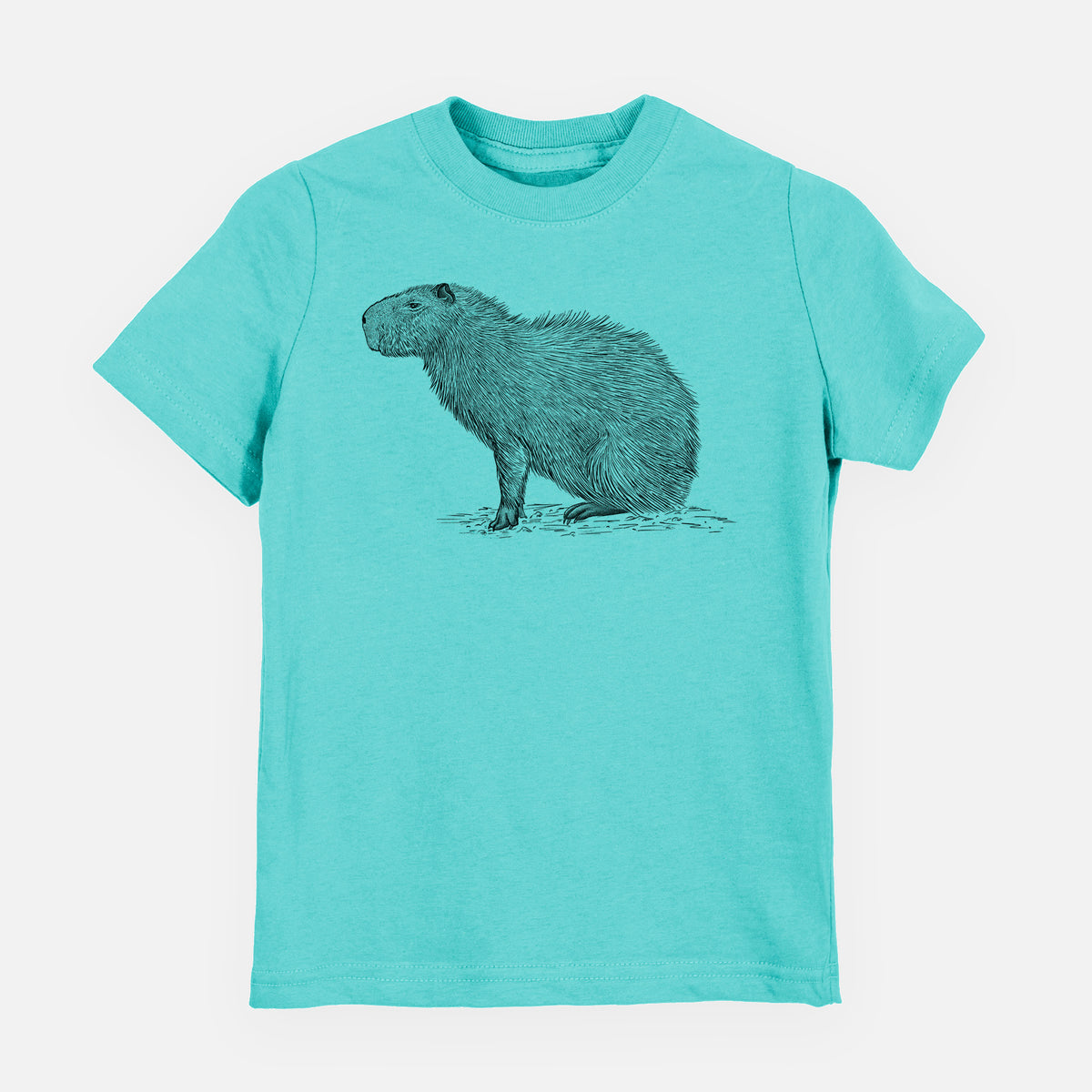 Caribbean blue youth t-shirt laid flat, printed with a detailed black ink illustration of a capybara standing in profile.