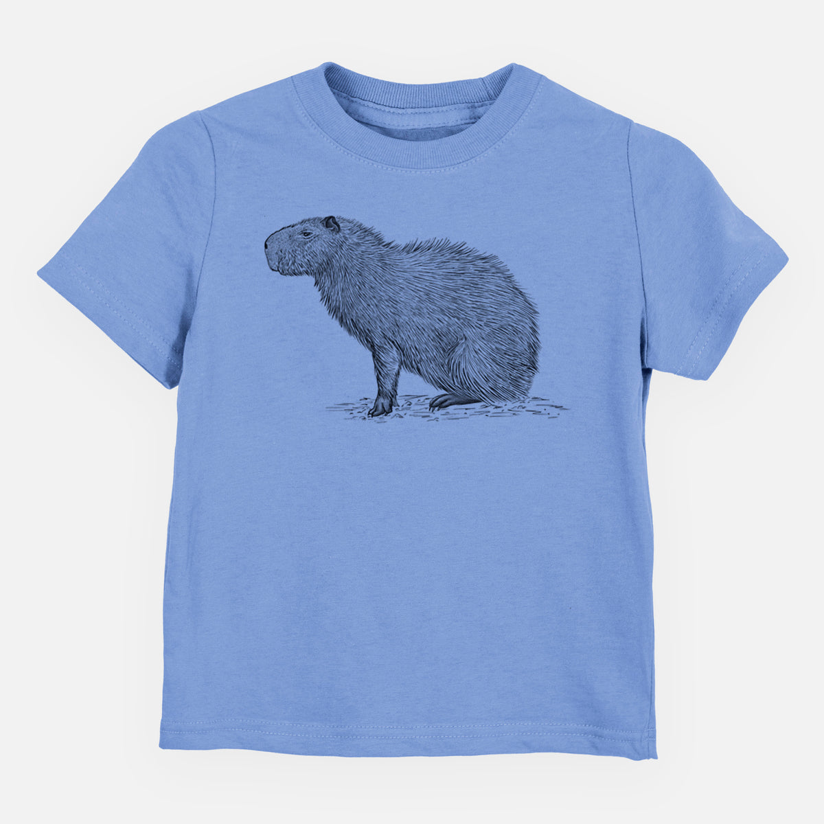 Carolina blue toddler t-shirt laid flat, printed with a detailed black ink illustration of a capybara standing in profile.