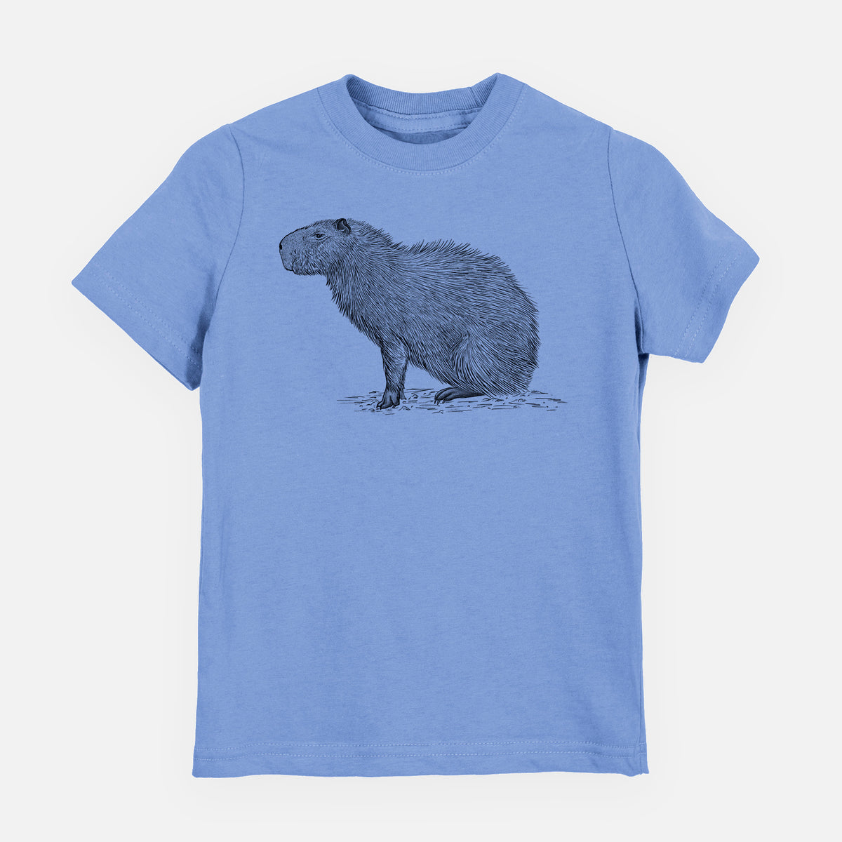 Carolina blue youth t-shirt laid flat, printed with a detailed black ink illustration of a capybara standing in profile.