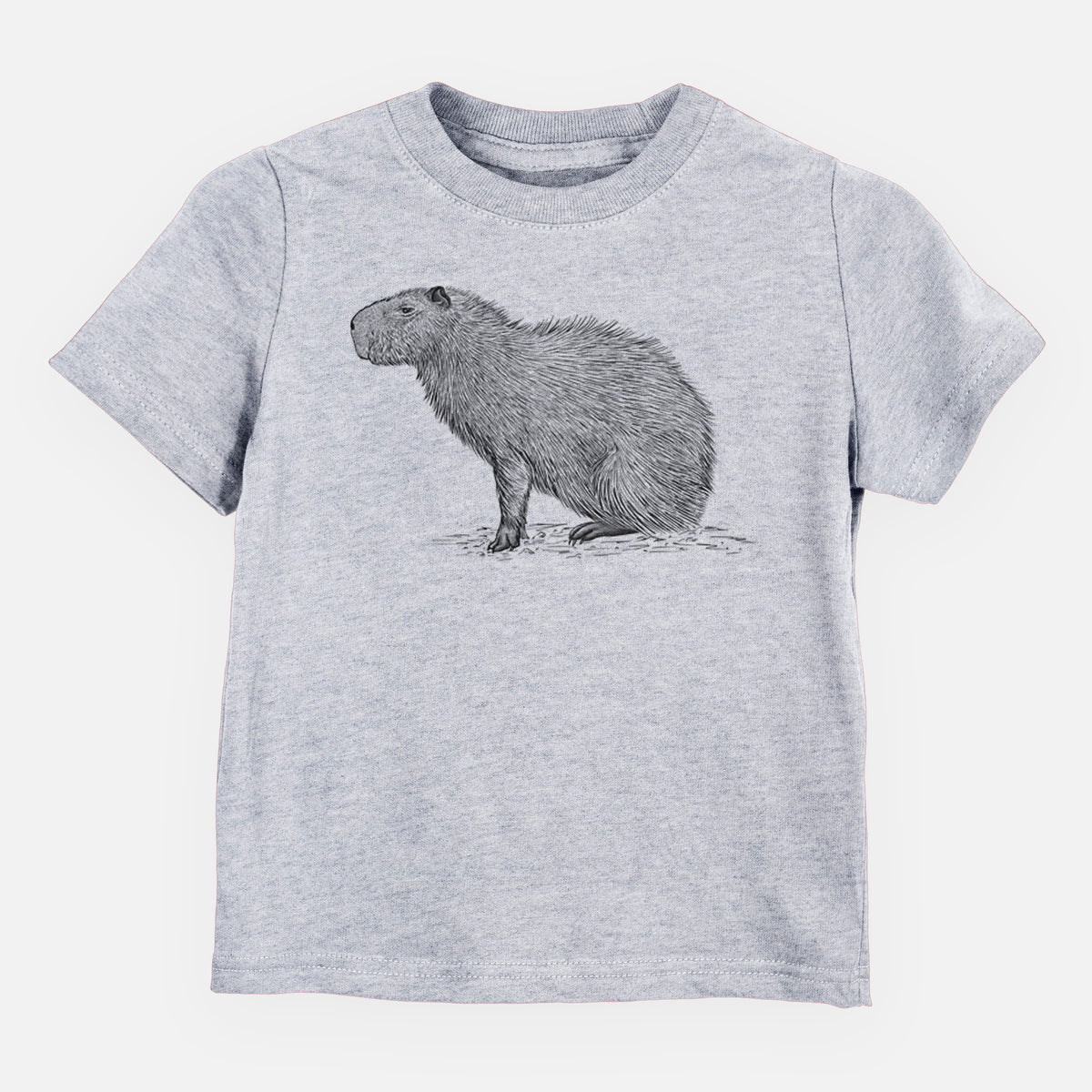 Heather grey toddler t-shirt laid flat, printed with a detailed black ink illustration of a capybara standing in profile.