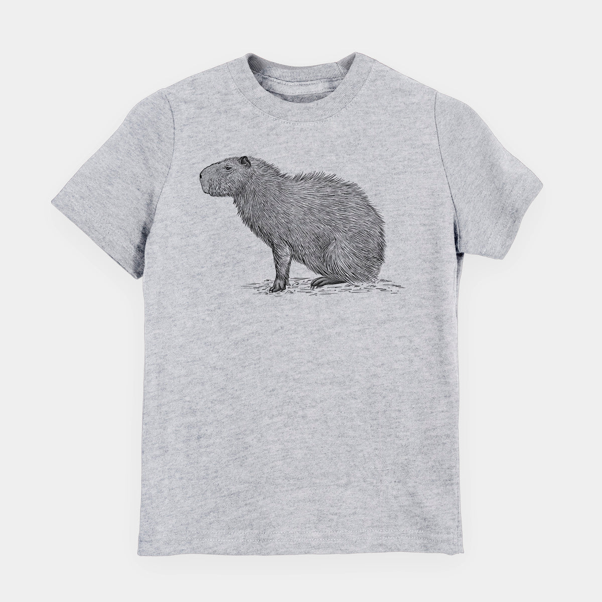 Heather grey youth t-shirt laid flat, printed with a detailed black ink illustration of a capybara standing in profile.