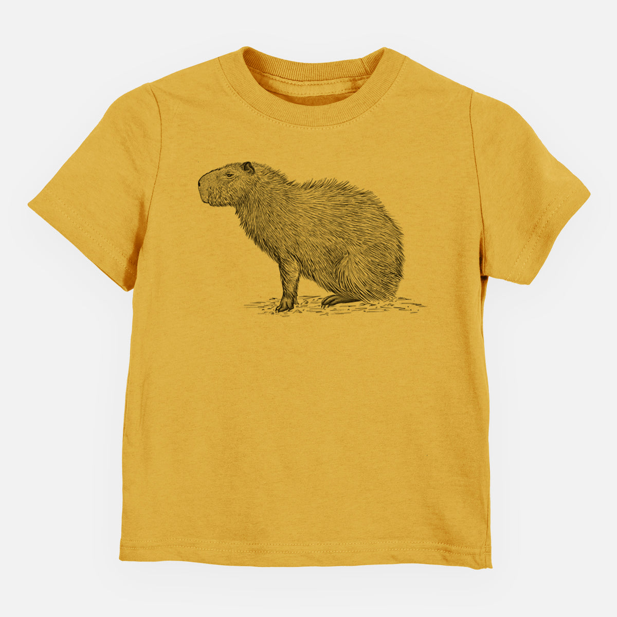Honeycomb yellow toddler t-shirt laid flat, printed with a detailed black ink illustration of a capybara standing in profile.
