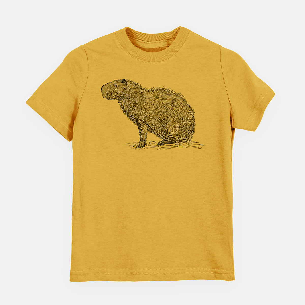 Honeycomb yellow youth t-shirt laid flat, printed with a detailed black ink illustration of a capybara standing in profile.