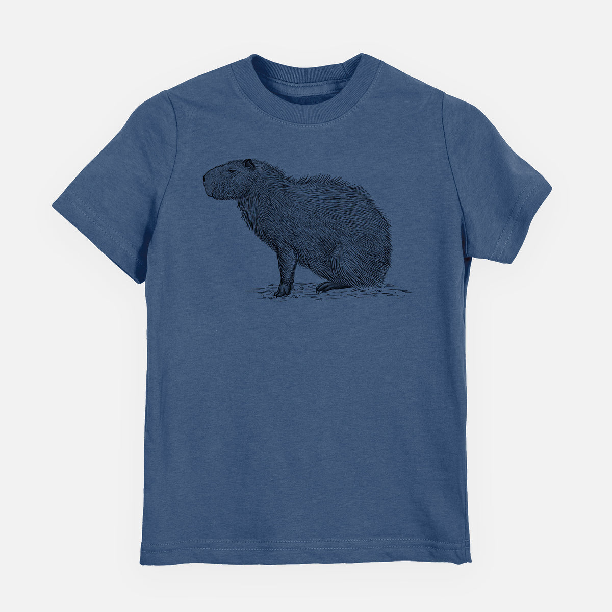 Indigo blue youth t-shirt laid flat, printed with a detailed black ink illustration of a capybara standing in profile.