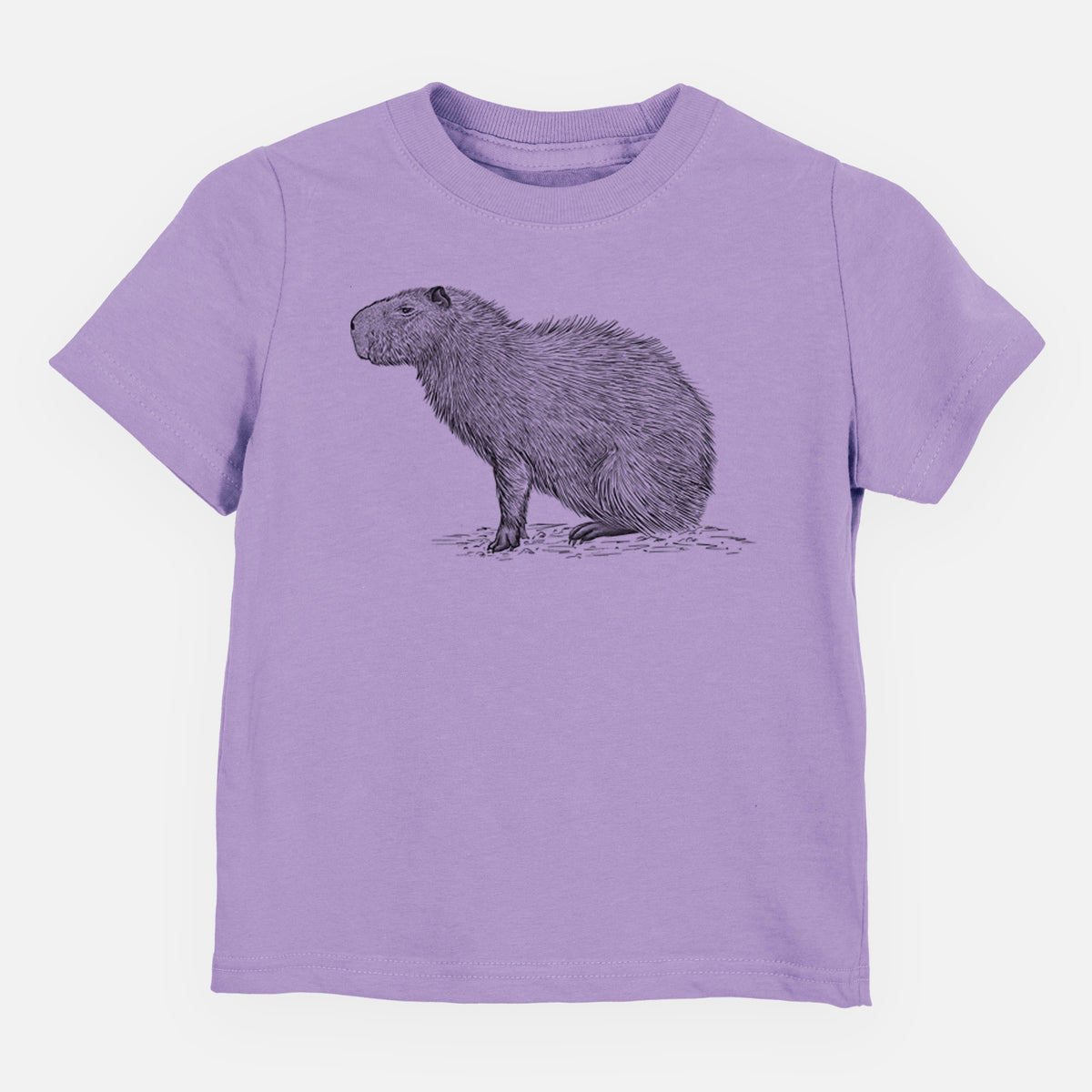 Lavender toddler t-shirt laid flat, printed with a detailed black ink illustration of a capybara standing in profile.