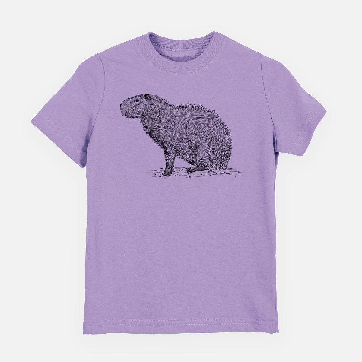Lavender youth t-shirt laid flat, printed with a detailed black ink illustration of a capybara standing in profile.