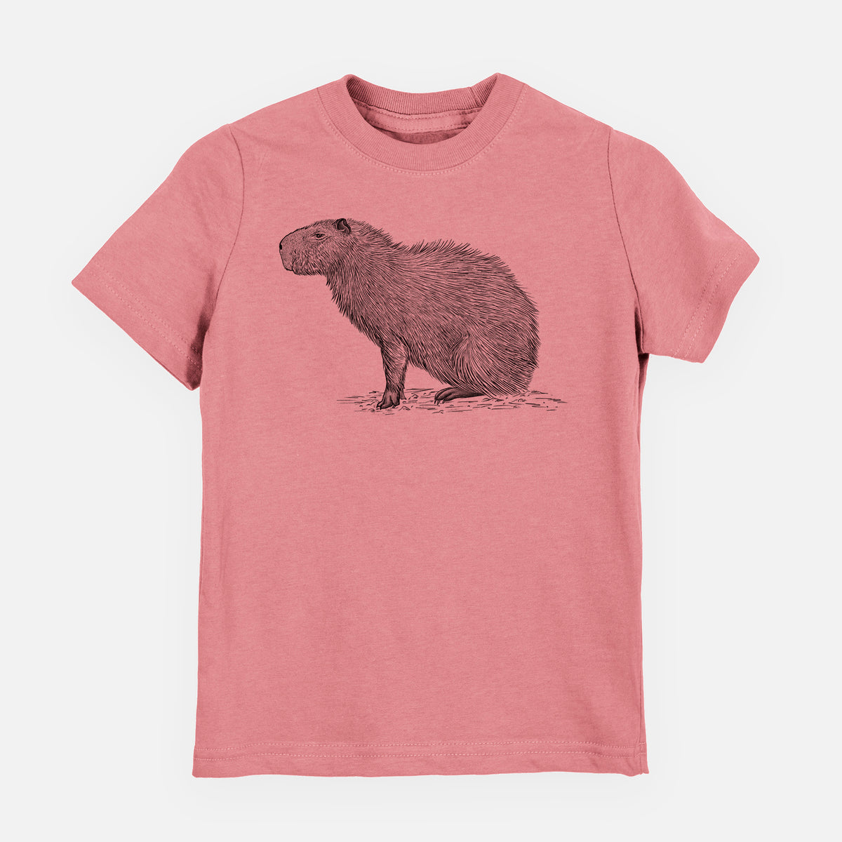 Mauve pink youth t-shirt laid flat, printed with a detailed black ink illustration of a capybara standing in profile.