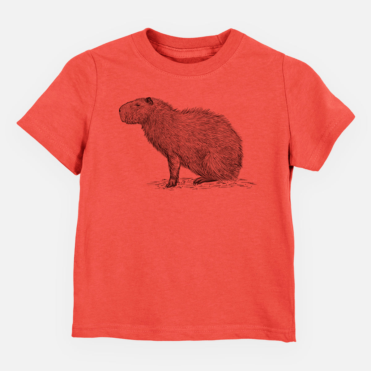 Passionfruit pink toddler t-shirt laid flat, printed with a detailed black ink illustration of a capybara standing in profile.