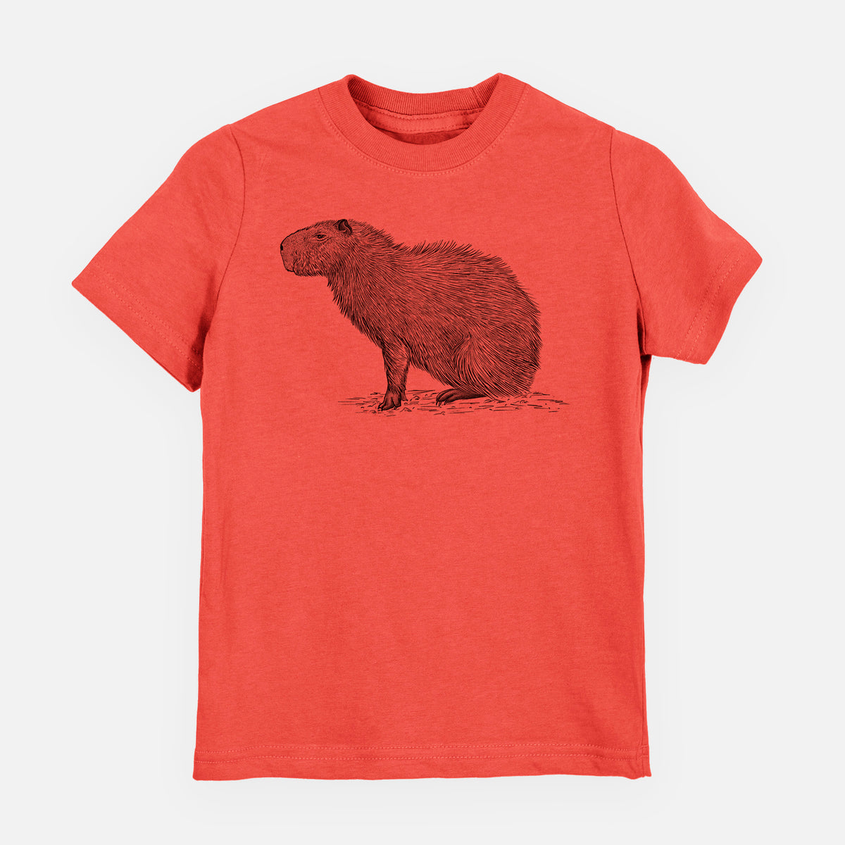 Passionfruit pink youth t-shirt laid flat, printed with a detailed black ink illustration of a capybara standing in profile.