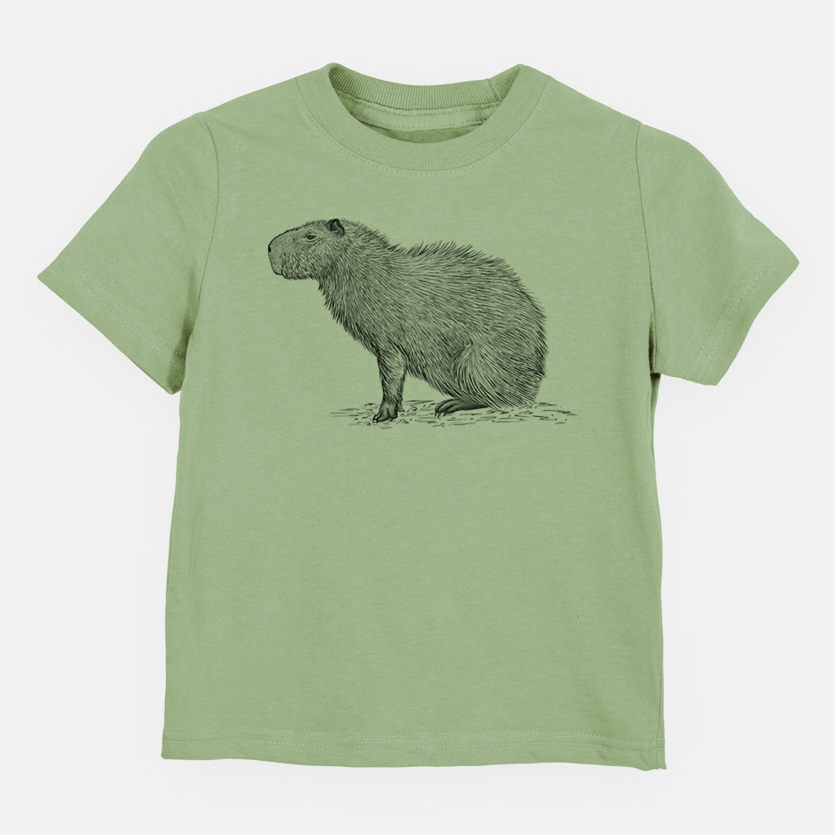 Sage green toddler t-shirt laid flat, printed with a detailed black ink illustration of a capybara standing in profile.