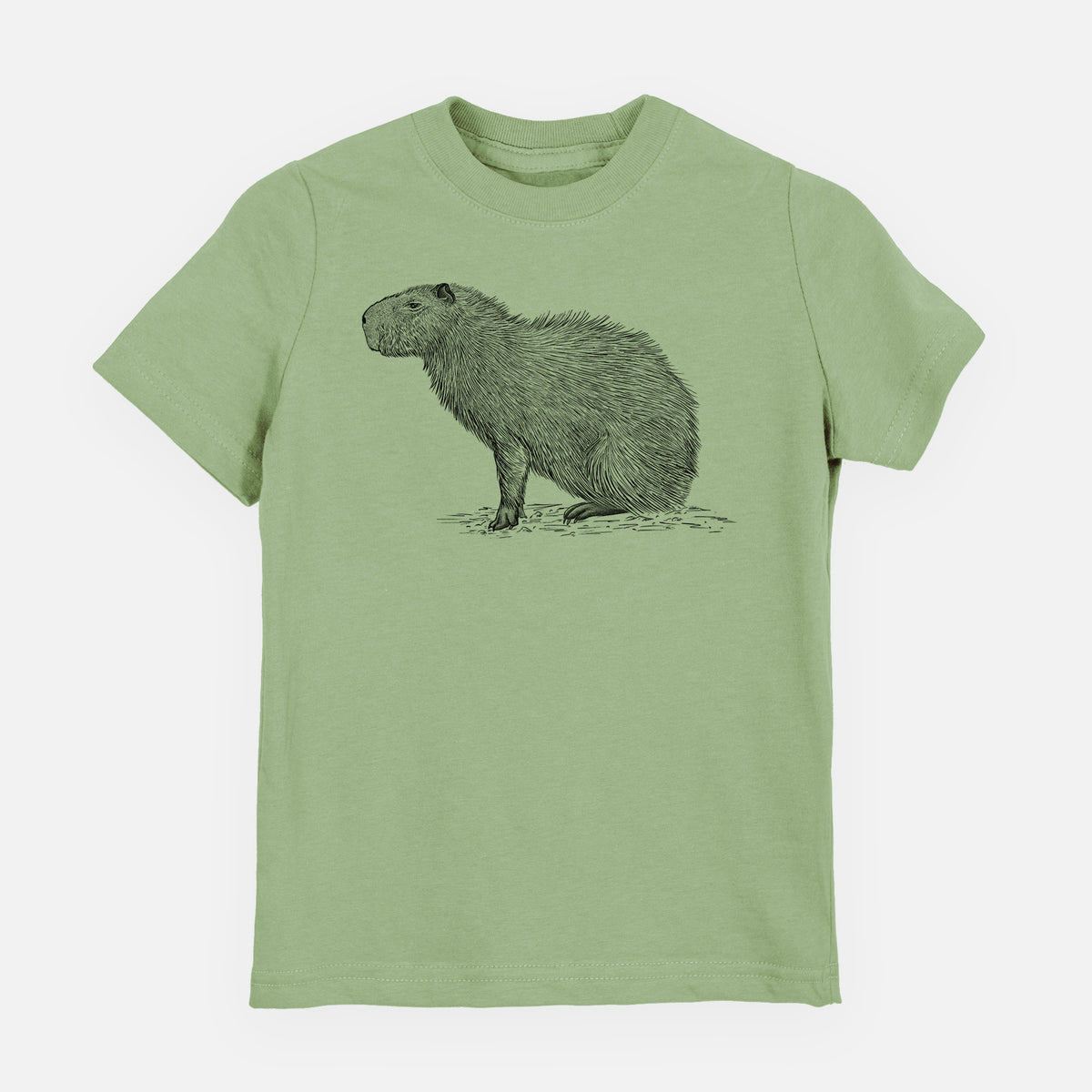 Sage green youth t-shirt laid flat, printed with a detailed black ink illustration of a capybara standing in profile.