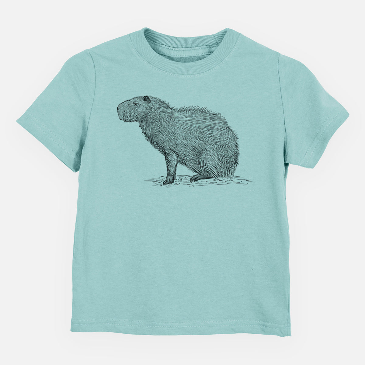 Saltwater toddler t-shirt laid flat, printed with a detailed black ink illustration of a capybara standing in profile.