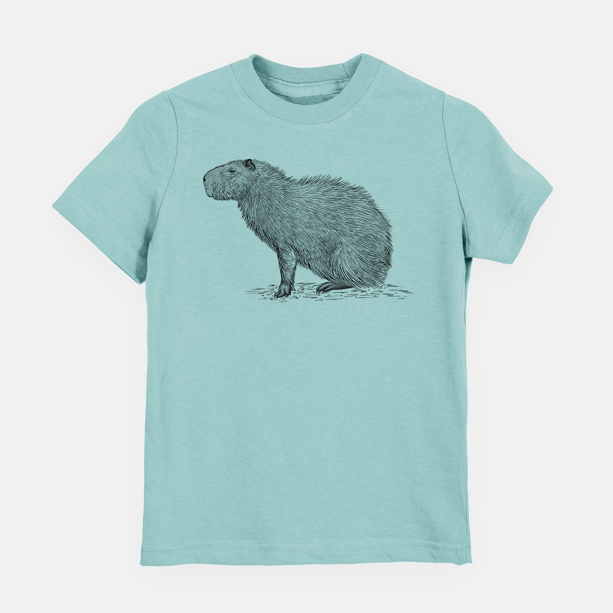 Saltwater youth t-shirt laid flat, printed with a detailed black ink illustration of a capybara standing in profile.