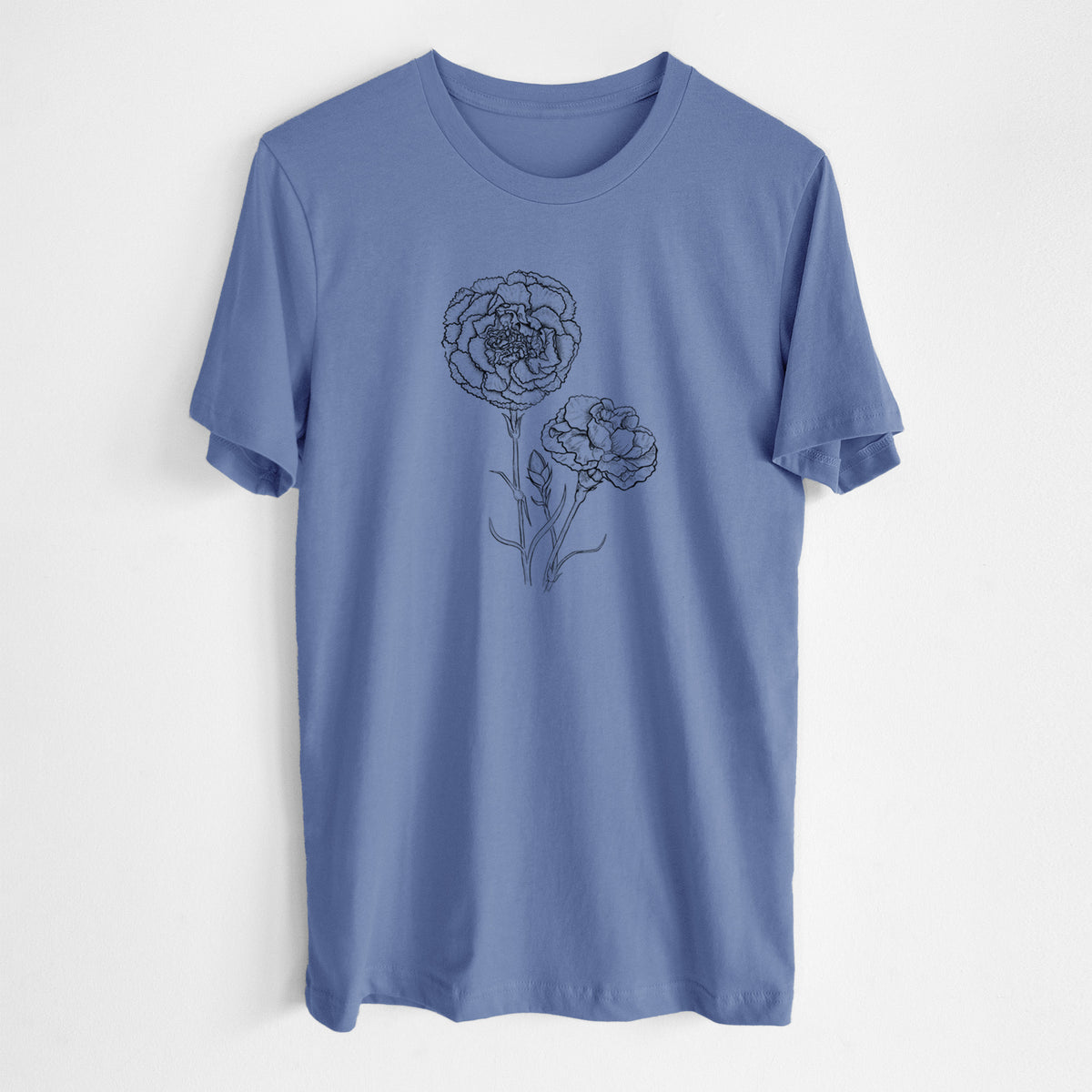 Blue bell lightweight cotton t-shirt laid flat, printed with a black ink line drawing of carnation flowers on stems.
