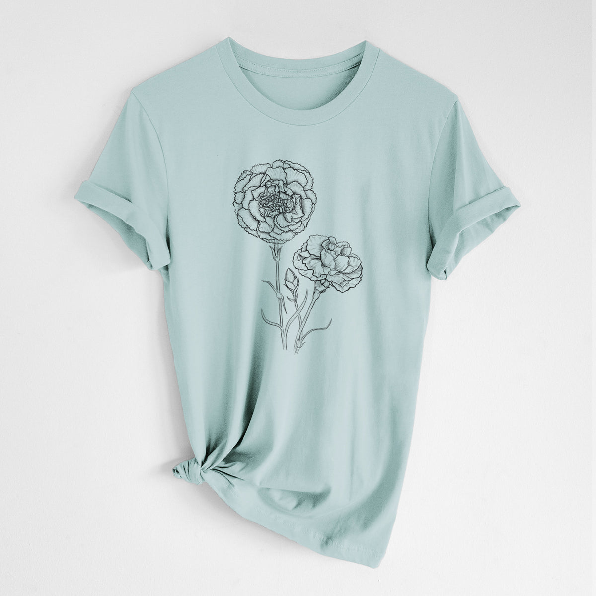 Dusty blue lightweight cotton t-shirt laid flat with the sleeves rolled, printed with a black ink line drawing of carnation flowers on stems.
