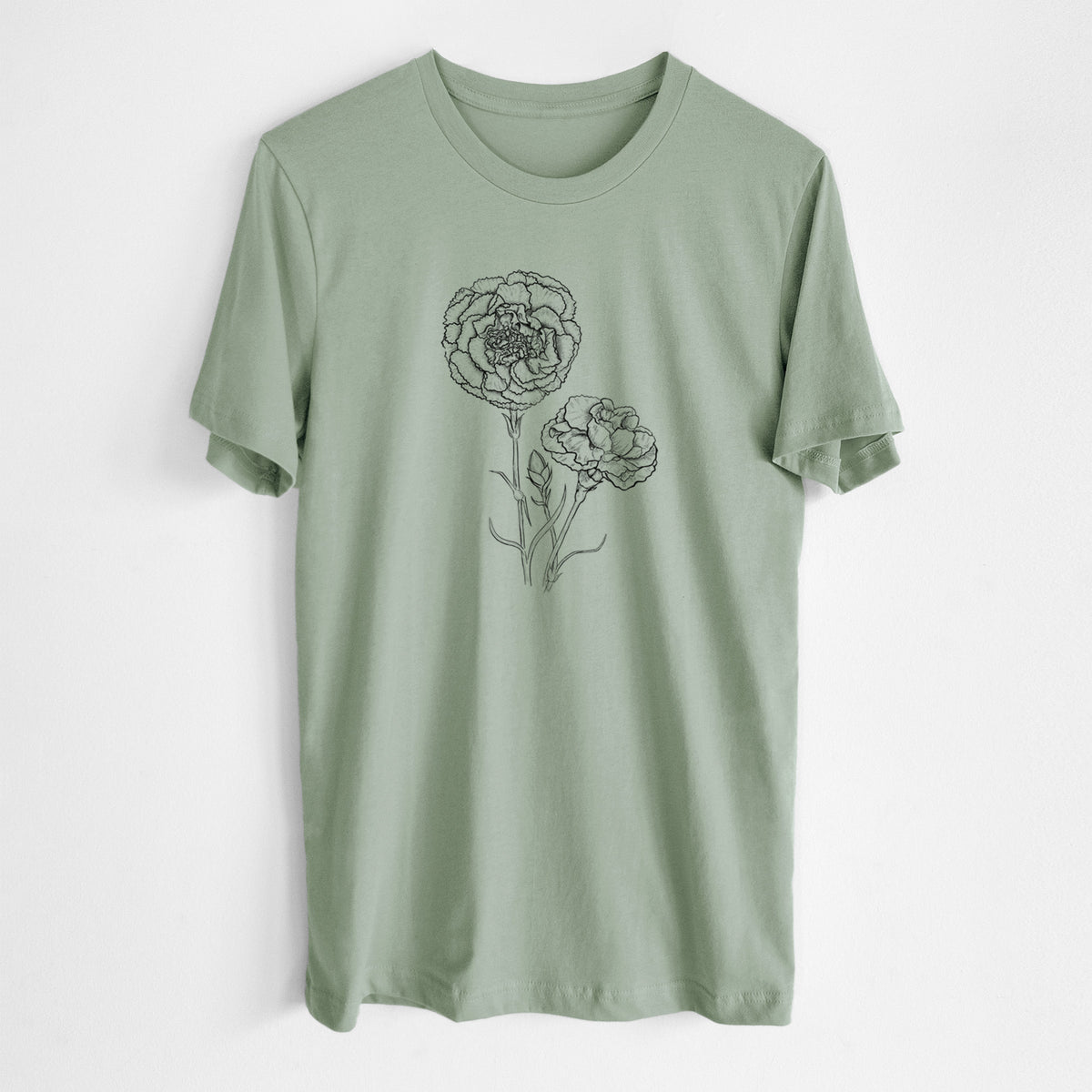 Sage green lightweight cotton t-shirt laid flat, printed with a black ink line drawing of carnation flowers on stems.