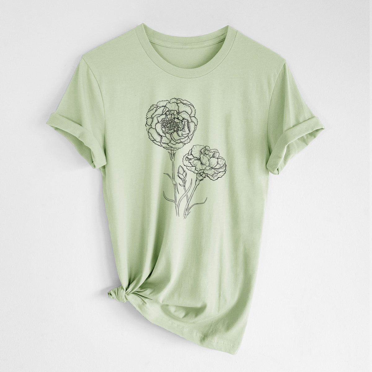 Spring green lightweight cotton t-shirt laid flat with the sleeves rolled, printed with a black ink line drawing of carnation flowers on stems.