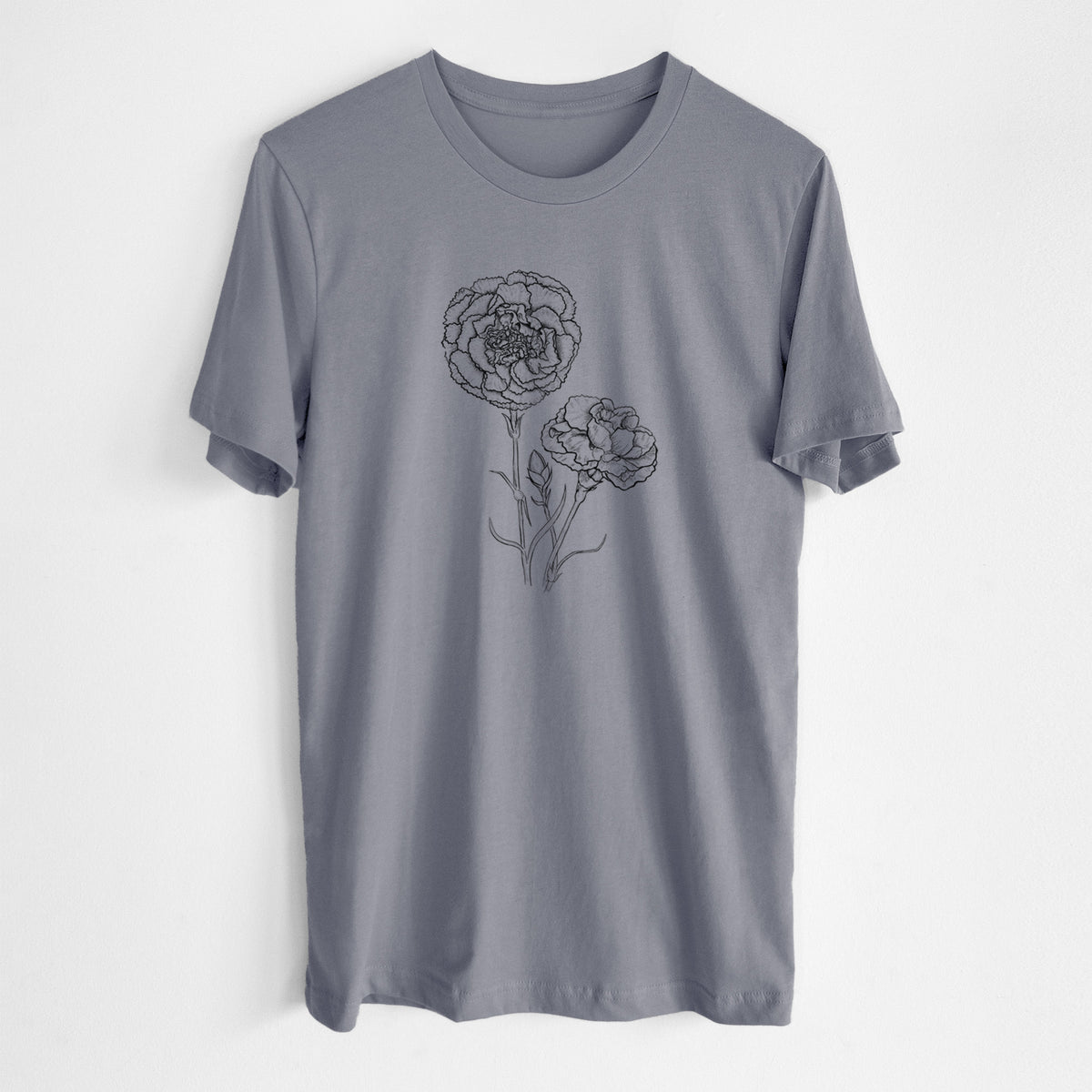 Storm grey lightweight cotton t-shirt laid flat, printed with a black ink line drawing of carnation flowers on stems.