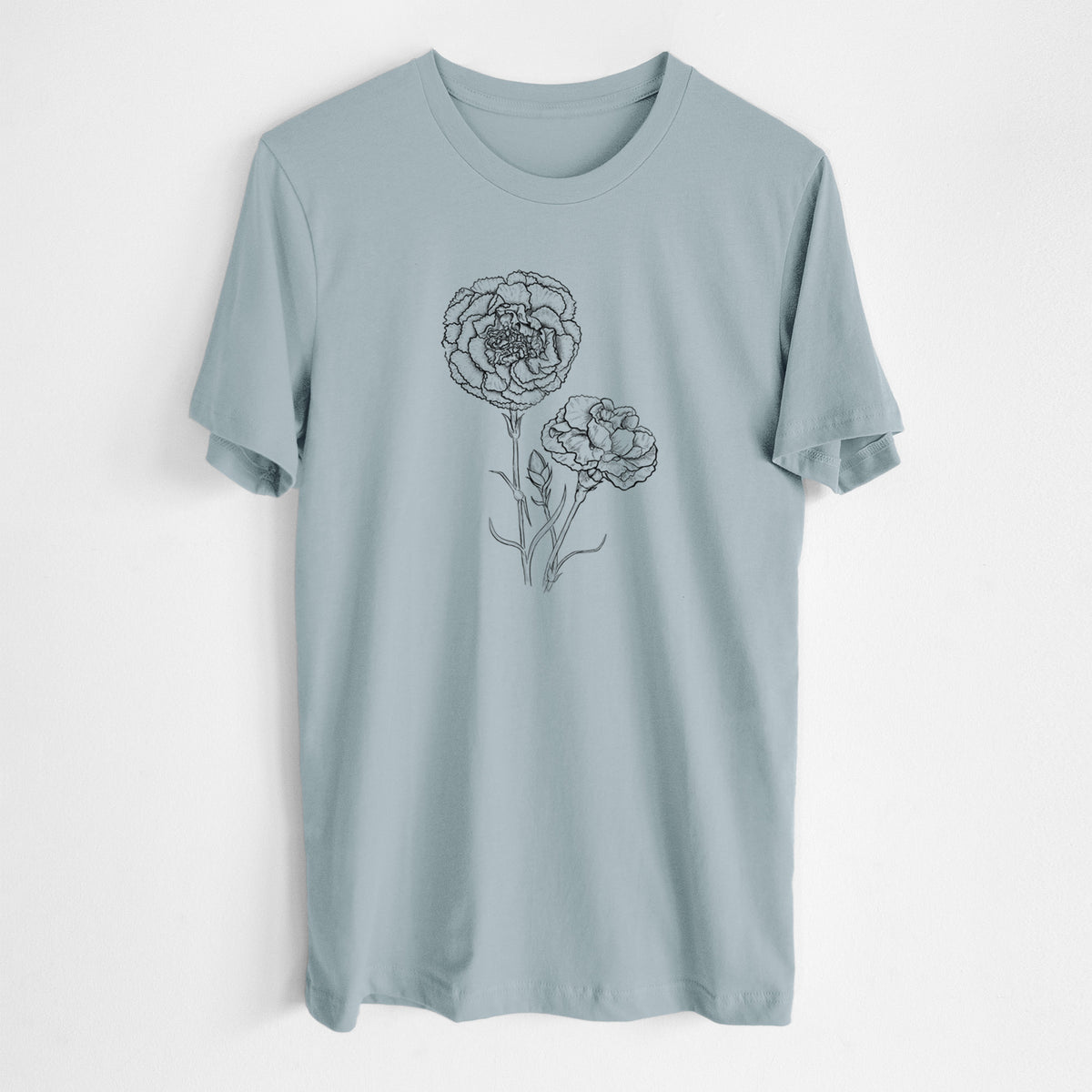 Vintage denim lightweight cotton t-shirt laid flat, printed with a black ink line drawing of carnation flowers on stems.