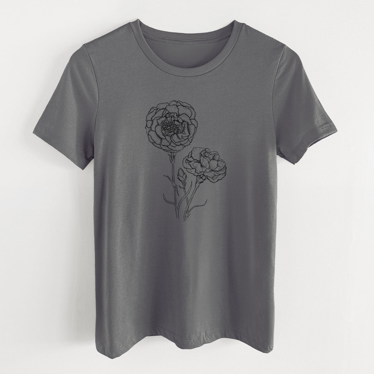Asphalt women's relaxed fit cotton t-shirt laid flat, printed with a black ink line drawing of carnation flowers on stems.
