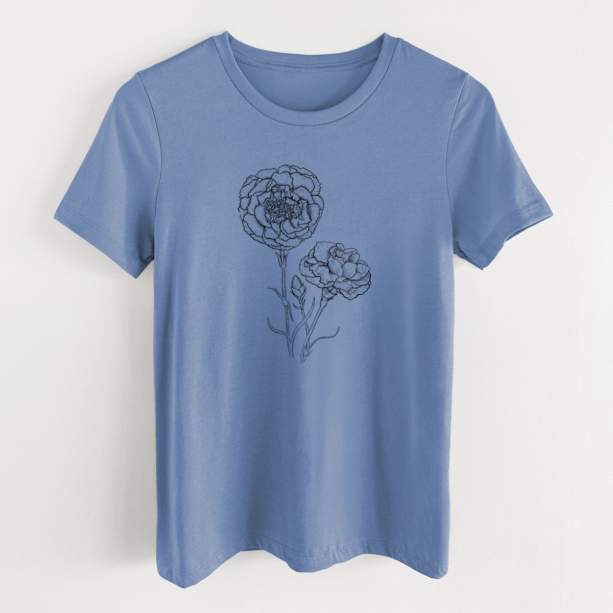 Blue bell women's relaxed fit cotton t-shirt laid flat, printed with a black ink line drawing of carnation flowers on stems.