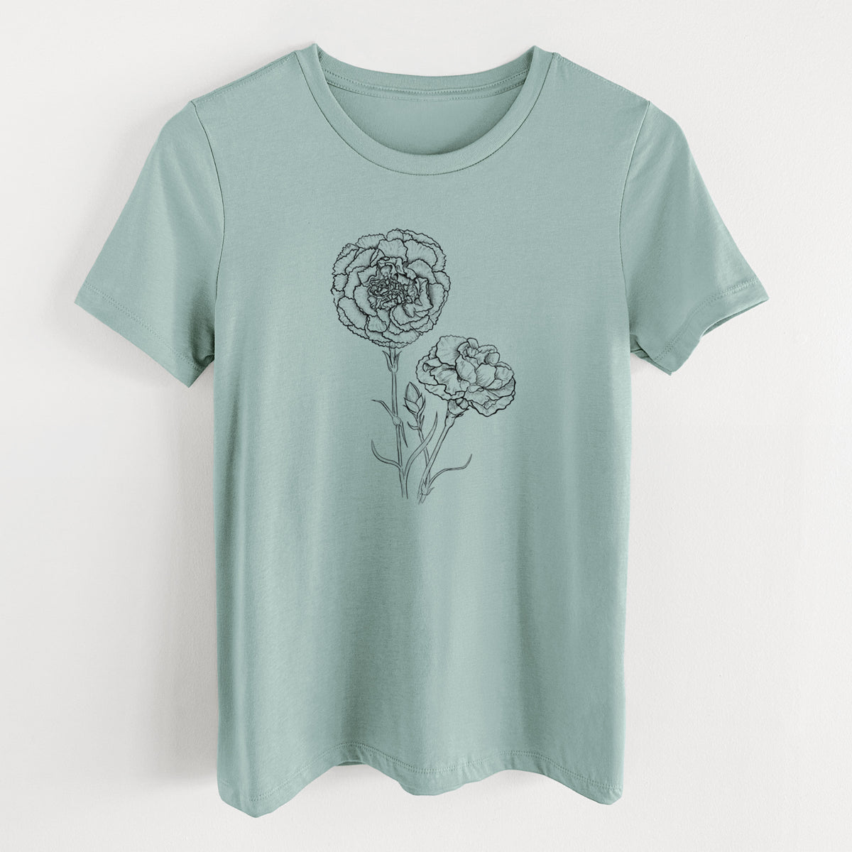 Dusty blue women's relaxed fit cotton t-shirt laid flat, printed with a black ink line drawing of carnation flowers on stems.