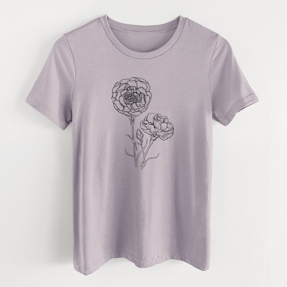 Light violet women's relaxed fit cotton t-shirt laid flat, printed with a black ink line drawing of carnation flowers on stems.
